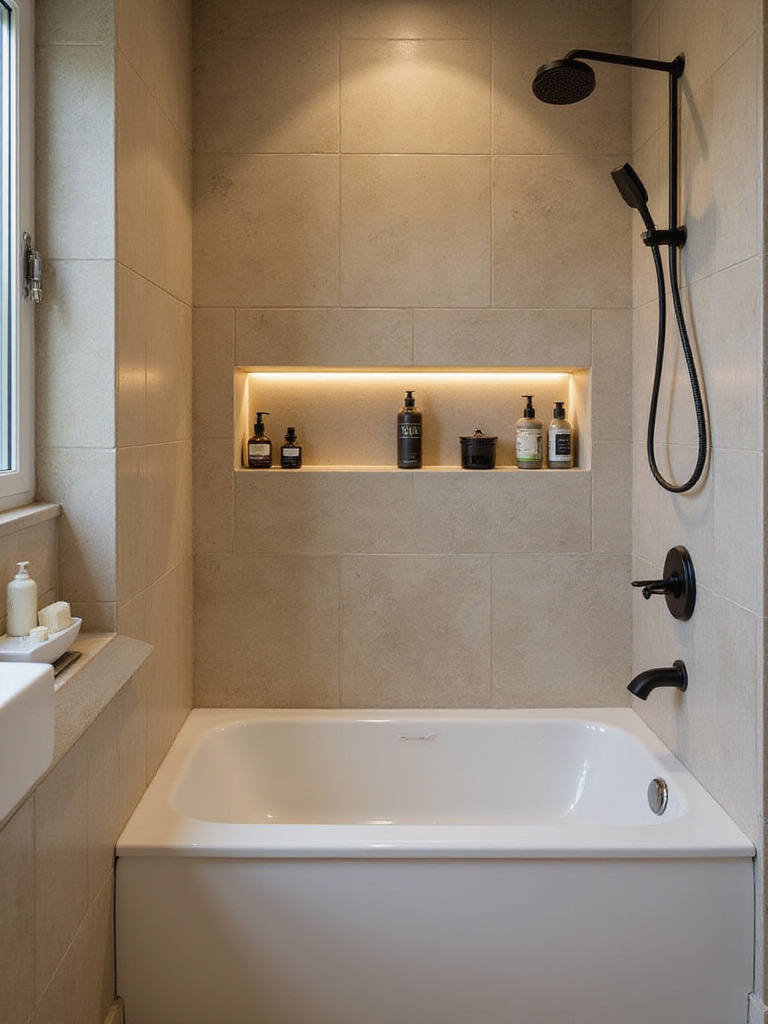 Elegant bathroom with a recessed shower niche holding toiletries