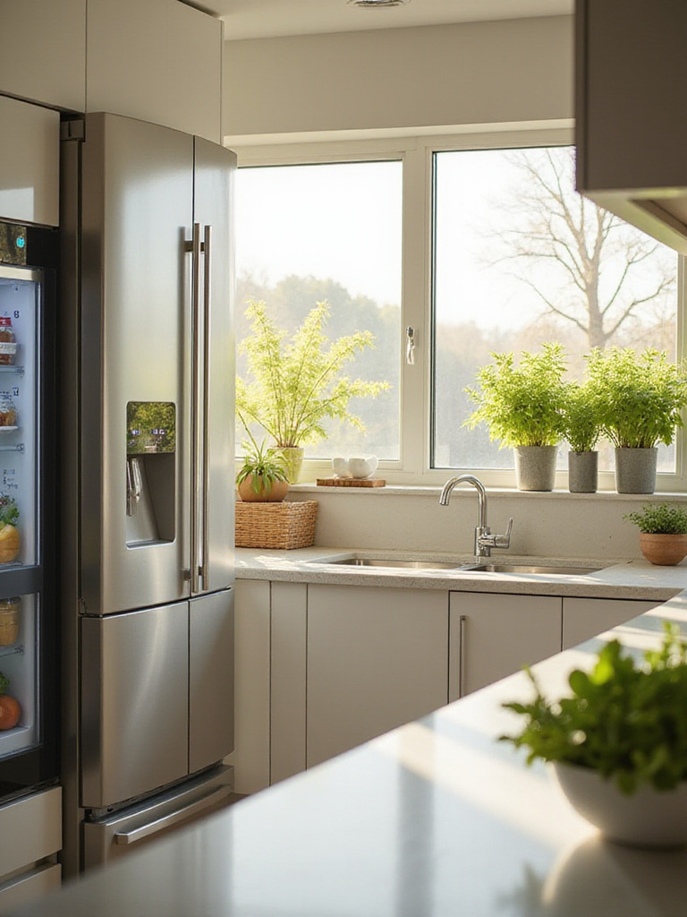 Modern sustainable kitchen with smart appliances and LED lighting.