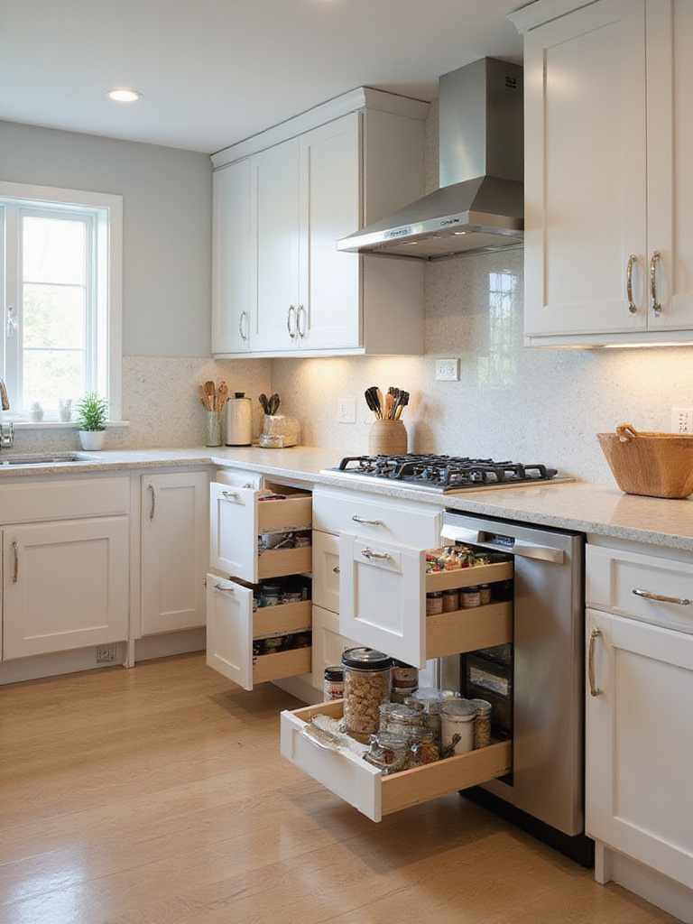 Modern kitchen featuring specialty cabinets with pull-out spice racks and organized storage solutions.