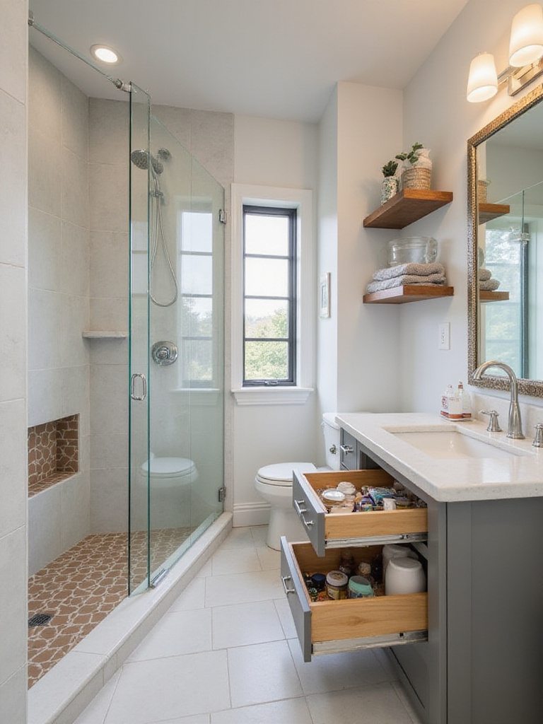 Modern bathroom with smart storage solutions including a tiled shower niche, pull-out vanity drawers, and floating shelves.