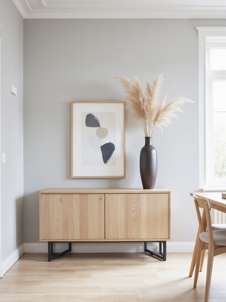 Modern dining room with light oak console table providing stylish storage