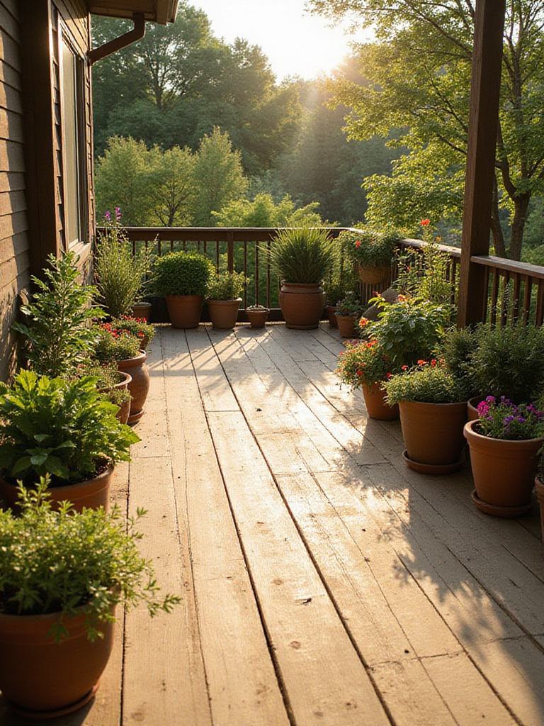 Beautiful wooden deck decorated with an array of lush potted plants and containers, creating a vibrant and inviting outdoor living space.