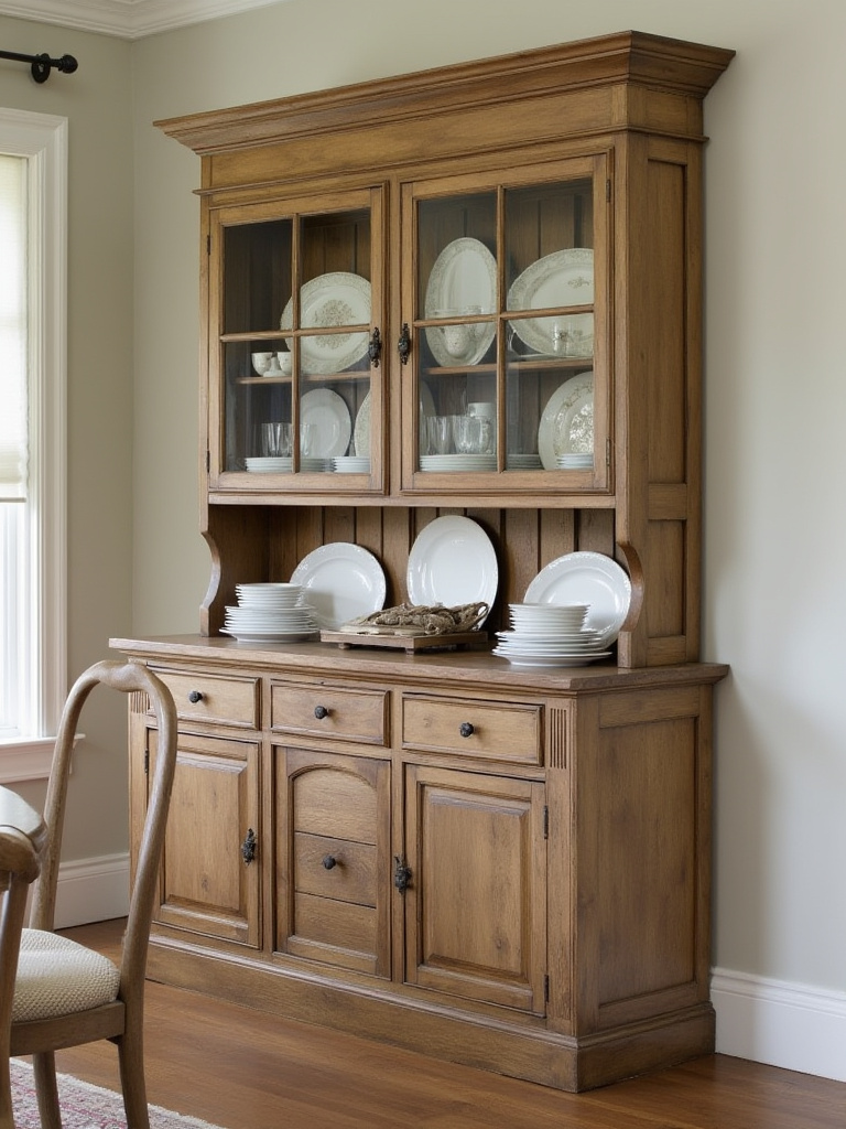 A rustic hutch or buffet with distressed wood and glass-front cabinets providing storage and display space in a farmhouse dining room.