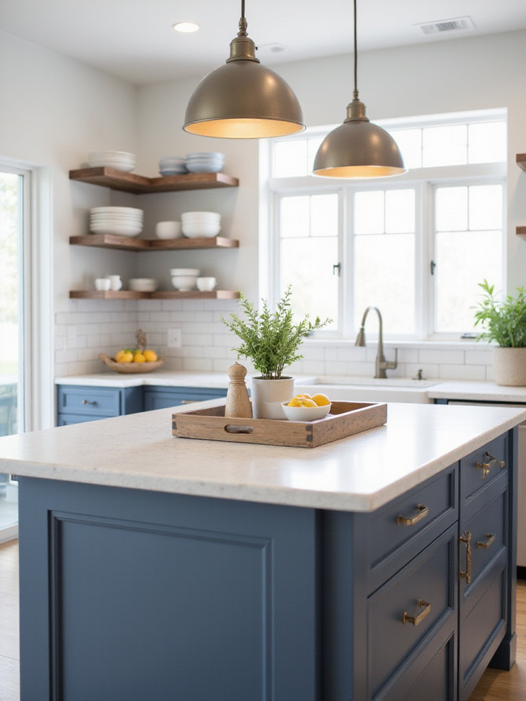 A stylish wooden tray on a kitchen island, holding a potted herb, salt and pepper grinders, and lemons, demonstrating how to corral items for decor and organization.