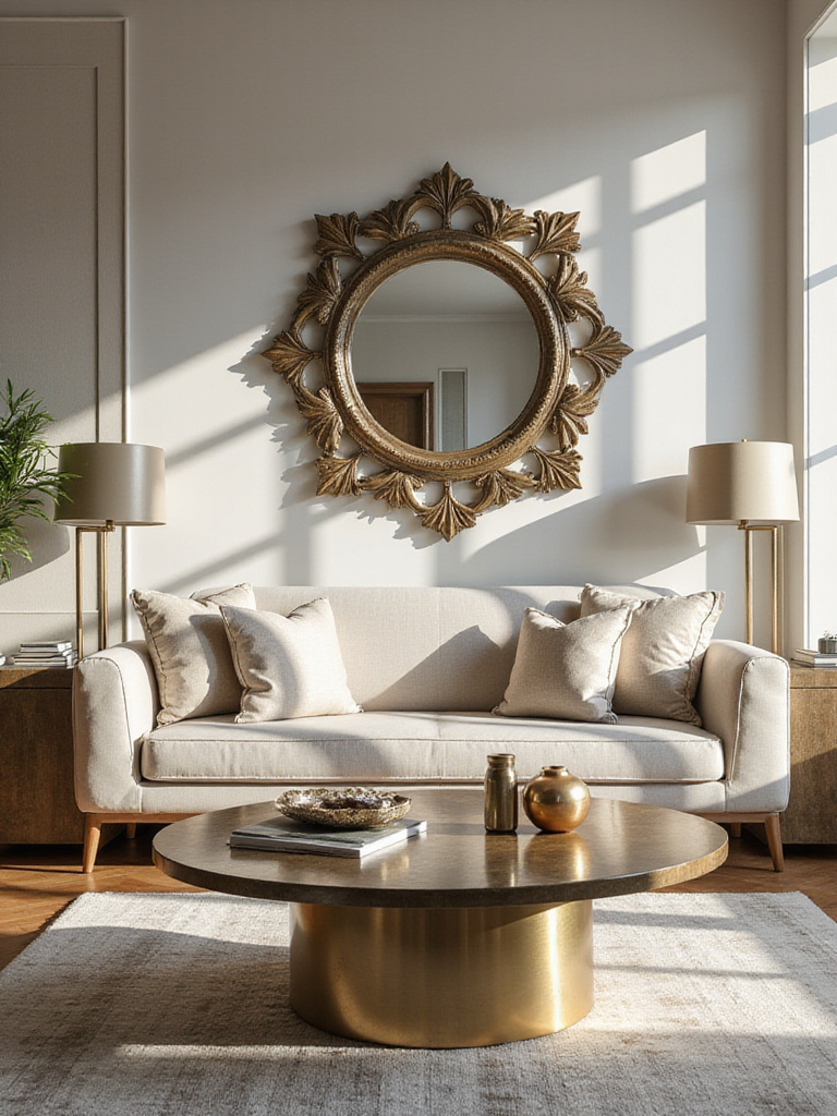 Elegant living room featuring a metallic coffee table, a large gold-framed mirror, and metallic lamps, showcasing how to incorporate elegant metallic accents into home decor.