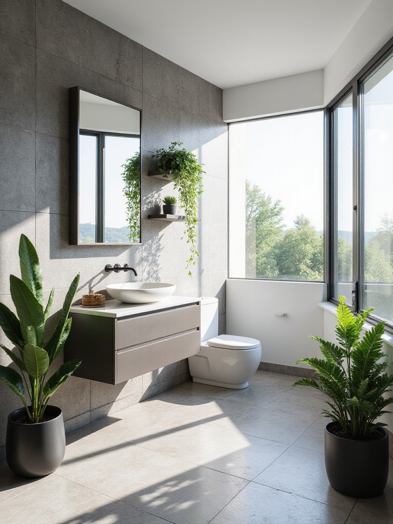 A modern bathroom featuring grey tiles, a floating vanity, and various green plants including a large snake plant on the floor, a pothos on a shelf, and a fern on the counter.