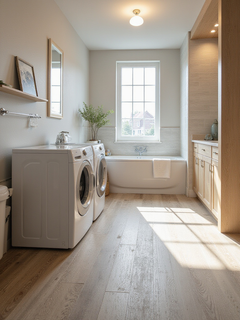 Durable and water-resistant flooring in a modern laundry bathroom combination room, featuring large format tiles or luxury vinyl planks designed for wet environments.