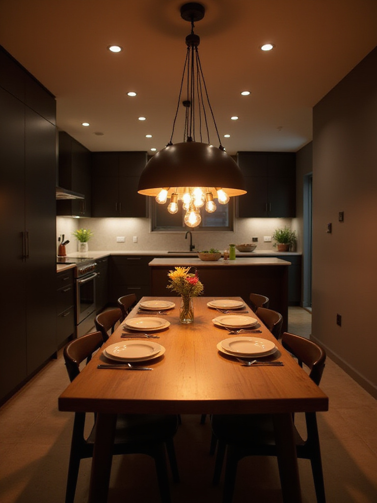 Modern kitchen with smart pendant lighting over a dining table, emitting a warm glow.