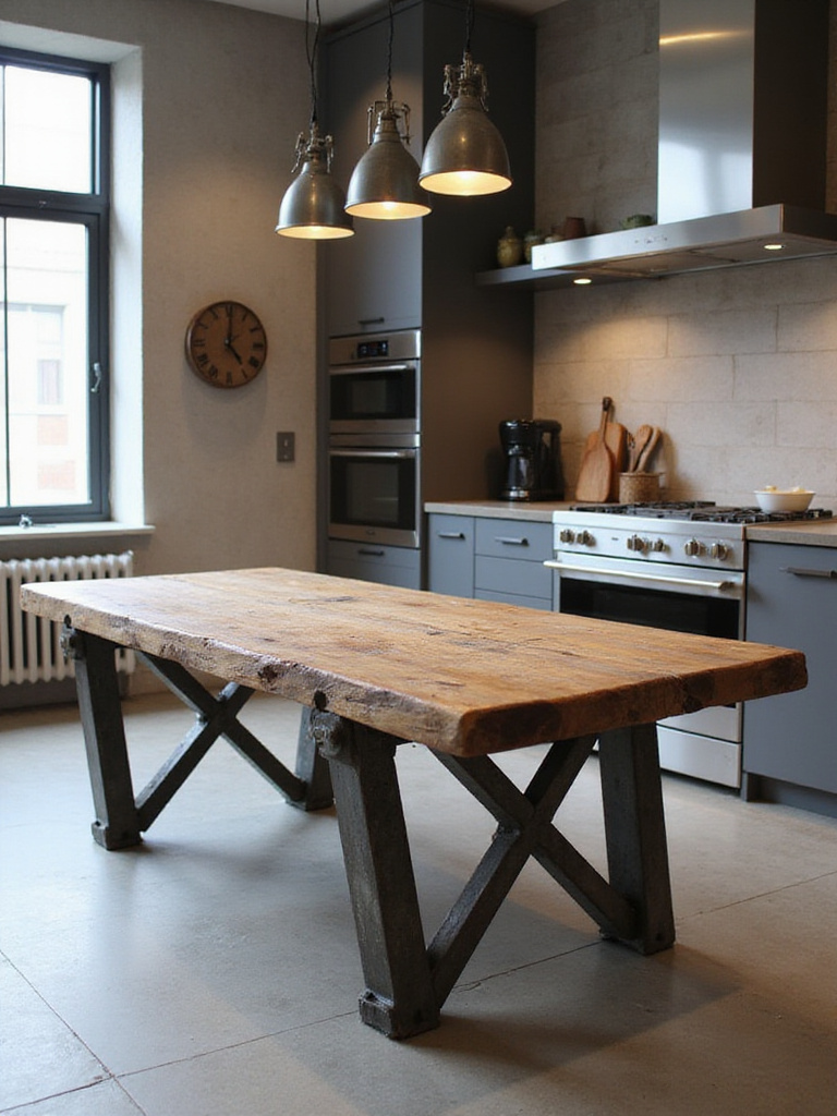 Large industrial style kitchen table with reclaimed wood top and steel beam base in a modern kitchen setting.
