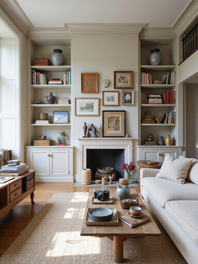 Living room with curated personal touches, including bookshelves filled with books and collectibles, a gallery wall of photos and art, and decorative items on tables.