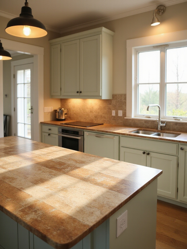 Warm kitchen featuring earthy brown and beige granite countertops paired with light-colored cabinets, creating a cozy and inviting atmosphere.