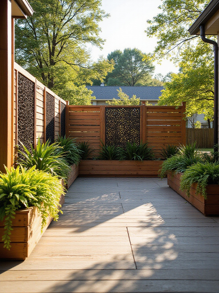 Modern deck featuring stylish wooden slat and decorative metal privacy screens in a sunny backyard setting.