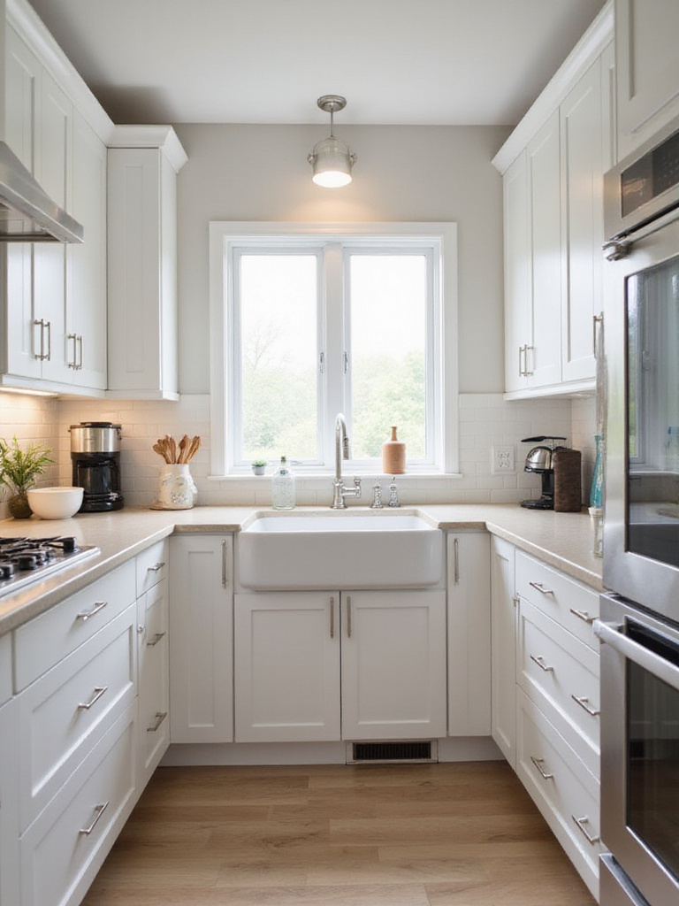 Bright kitchen featuring classic white Shaker cabinets.