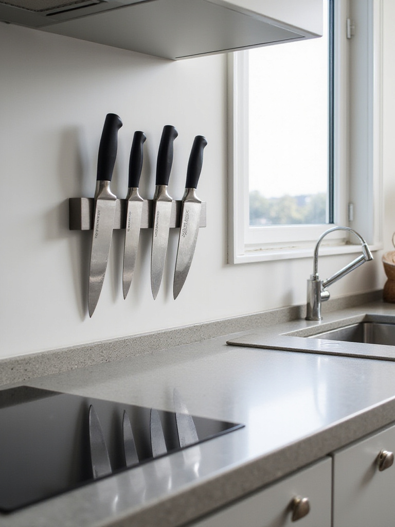 A modern kitchen with a wall-mounted magnetic knife strip displaying various kitchen knives.
