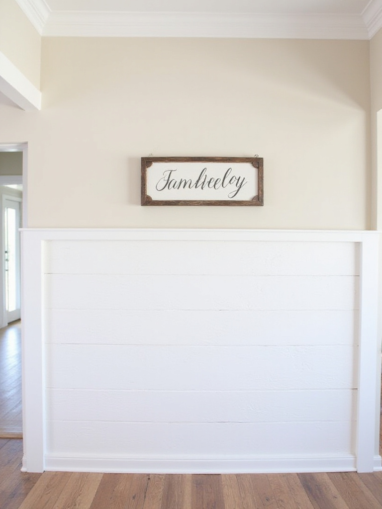 A farmhouse dining room wall with textured shiplap and board and batten treatment, adding rustic architectural interest.