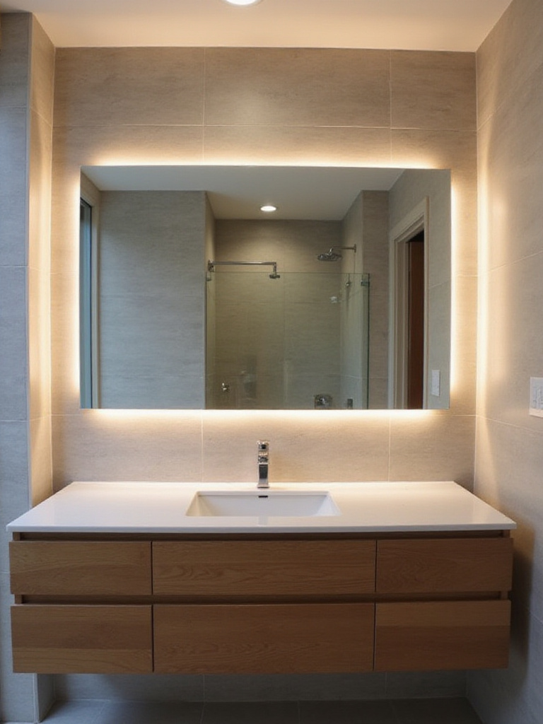 Large frameless rectangular LED bathroom mirror above a floating wood vanity in a modern renovated bathroom.