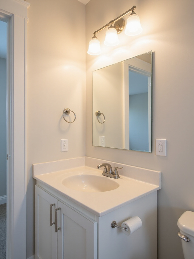 Stylish modern light fixture installed above a bathroom vanity mirror, providing bright task lighting in a refreshed bathroom.