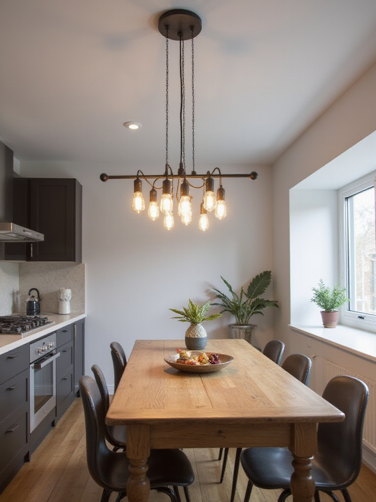 Modern kitchen table with linear pendant lighting fixture installed