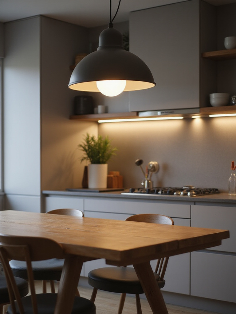 Kitchen table lighting with a pendant lamp controlled by a dimmer switch.