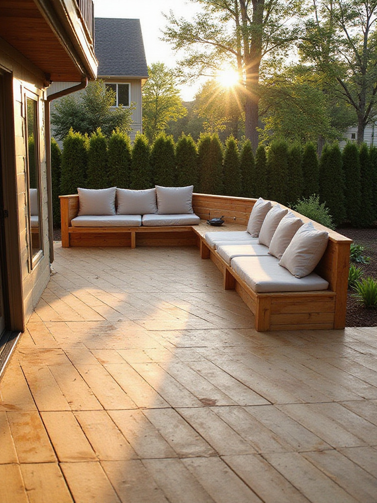 Spacious wooden deck featuring integrated built-in bench seating with cushions, showcasing a functional and stylish outdoor living area design.