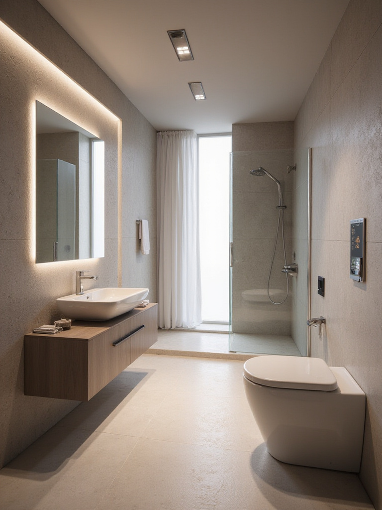 Modern bathroom featuring integrated smart technology, including a smart mirror, smart toilet, and smart lighting, showcasing a blend of contemporary design and digital convenience.