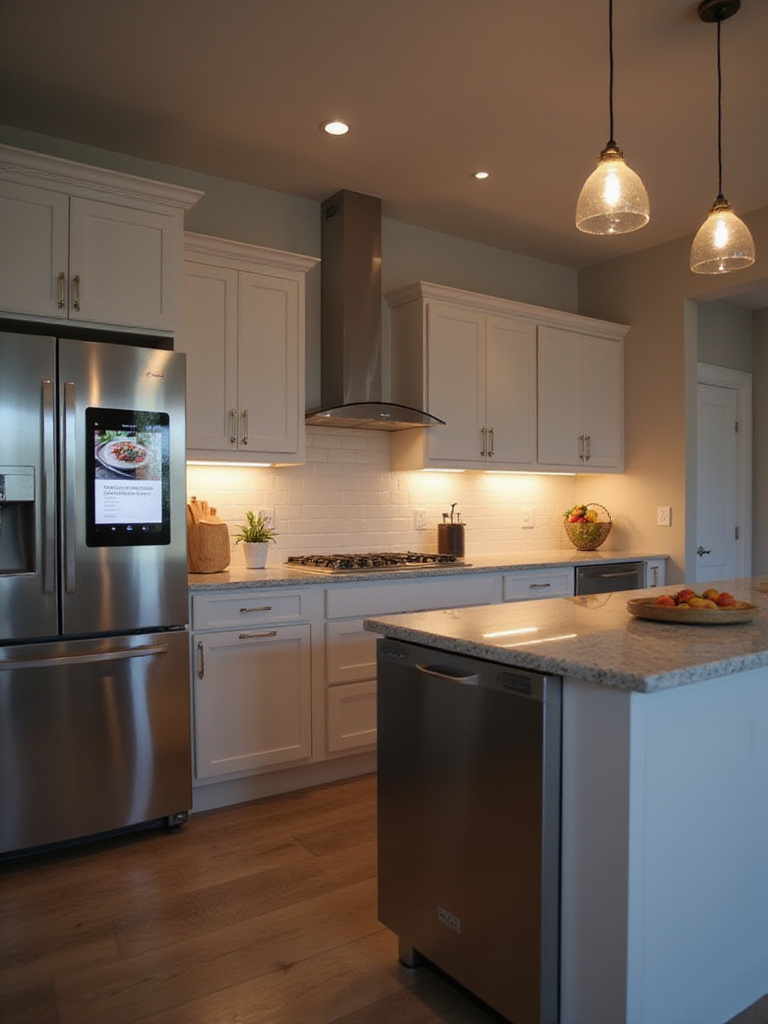 Modern kitchen featuring smart appliances and integrated technology.