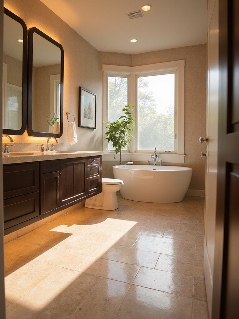 Luxurious bathroom featuring heated floors and a clear heated mirror.