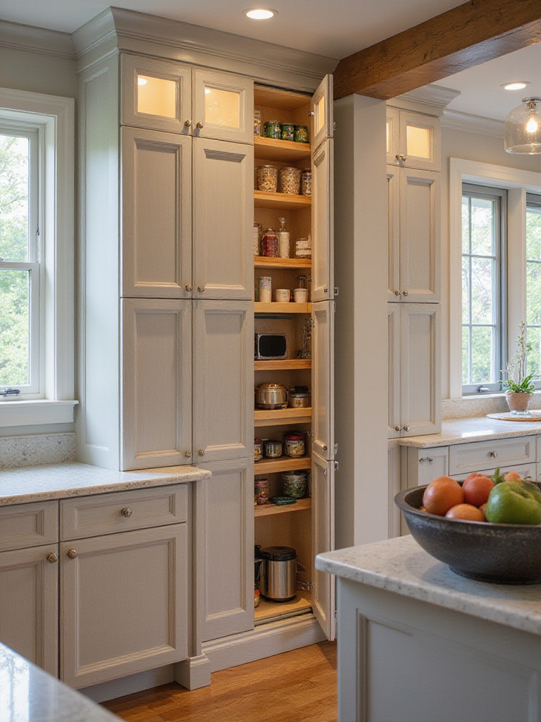 Tall cabinets in a kitchen with organized pantry and appliance storage