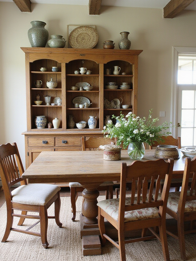 An authentic farmhouse dining room integrating vintage or antique finds like a primitive cupboard, mixed with newer pieces for a collected feel.