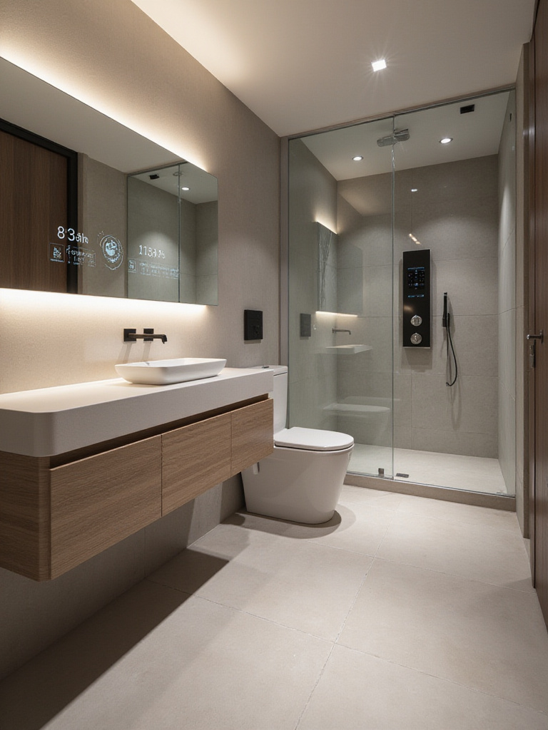 A modern bathroom featuring integrated smart technology, including a smart mirror, smart toilet, and smart shower panel, with sleek design and ambient lighting.