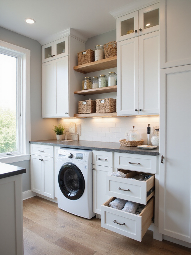 Smart storage solutions for laundry supplies in a modern laundry bathroom, featuring built-in cabinets, open shelving with decanted supplies, and organized drawers around a washing machine.