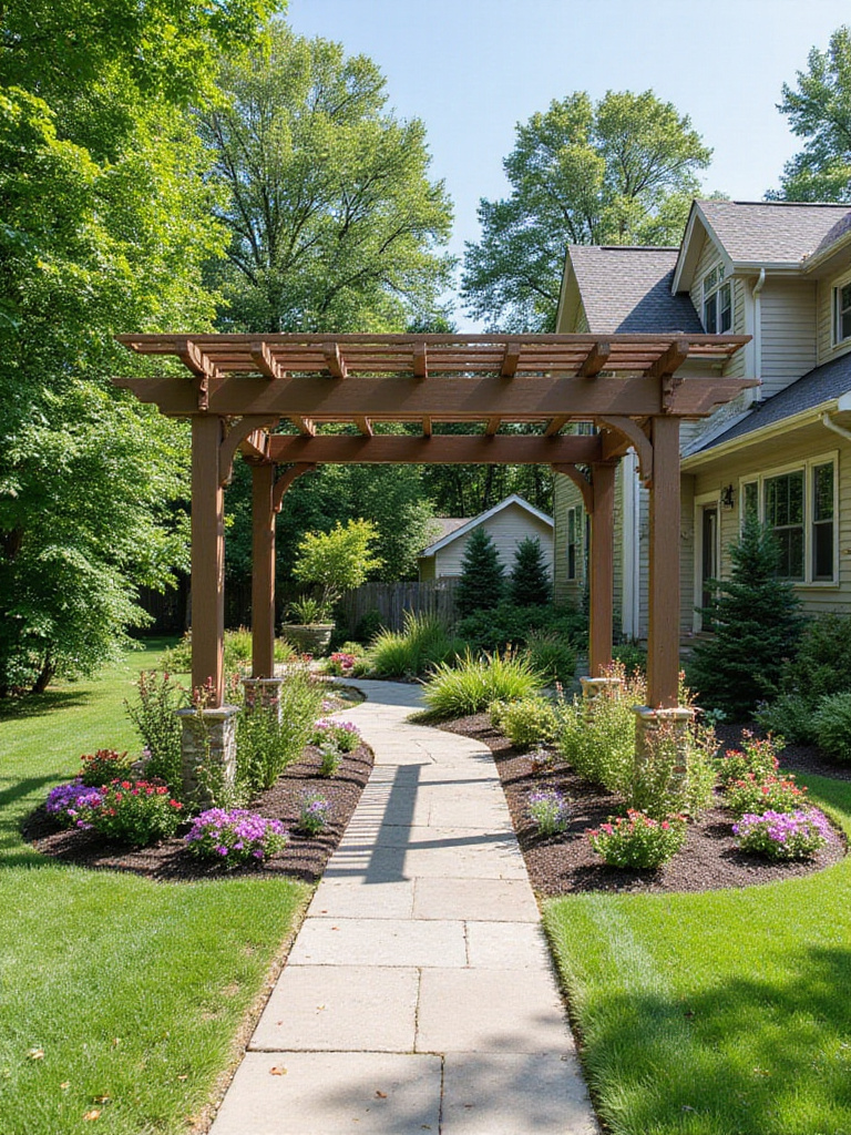 A pergola seamlessly integrated into a landscape design with surrounding flower beds and a pathway connecting it to the garden and house.