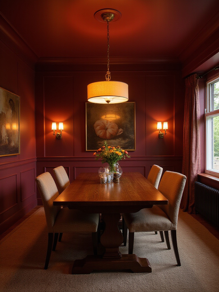 A cozy dining room painted in a deep burgundy, featuring a wooden table, warm lighting, and inviting chairs, creating an intimate atmosphere.