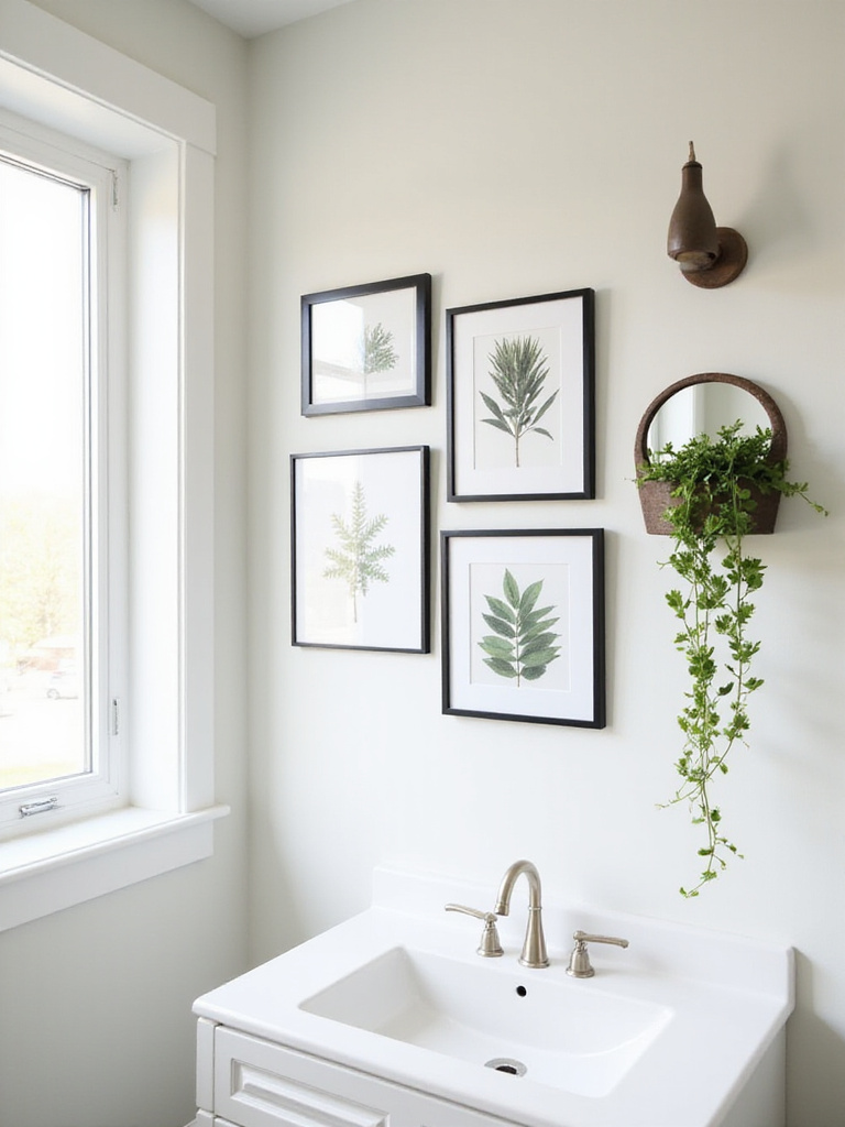 A bathroom wall decorated with affordable botanical prints in black frames, a round mirror, and a shelf with an artificial plant, showcasing budget-friendly wall decor ideas.