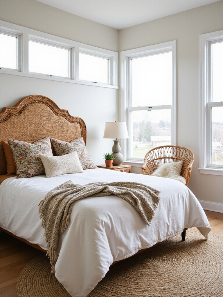 Boho bedroom with rattan headboard and wicker chair