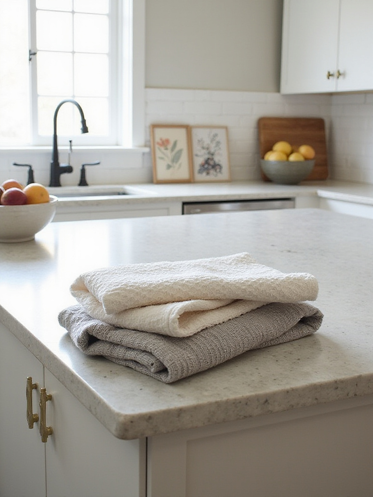 Kitchen island countertop decorated with neatly folded textured tea towels, a bowl of fruit, and a cutting board, adding softness and color to the space.