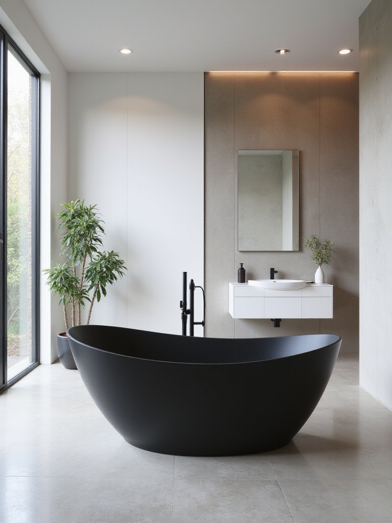 Modern bathroom renovation featuring a black freestanding bathtub as a bold statement piece.