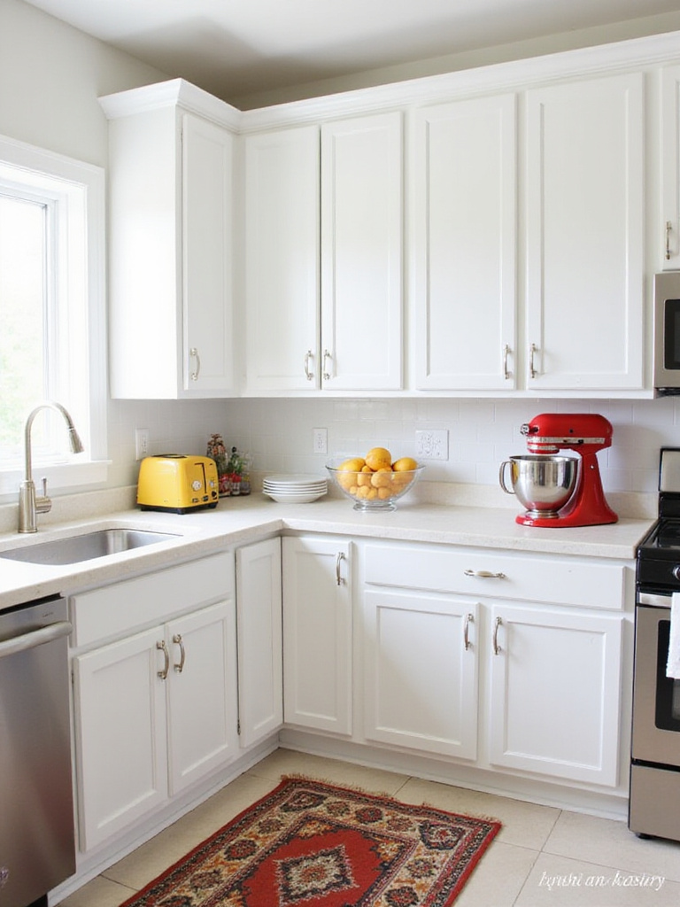 Modern kitchen with white cabinets and a pop of color from red stand mixer, yellow toaster, and fruit bowl.