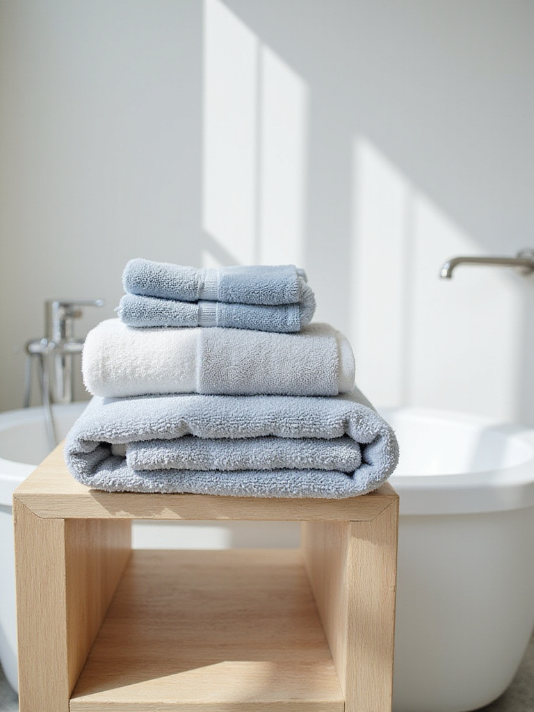 Plush, folded towels in soft colors displayed on open wooden shelves in a bright, clean bathroom.