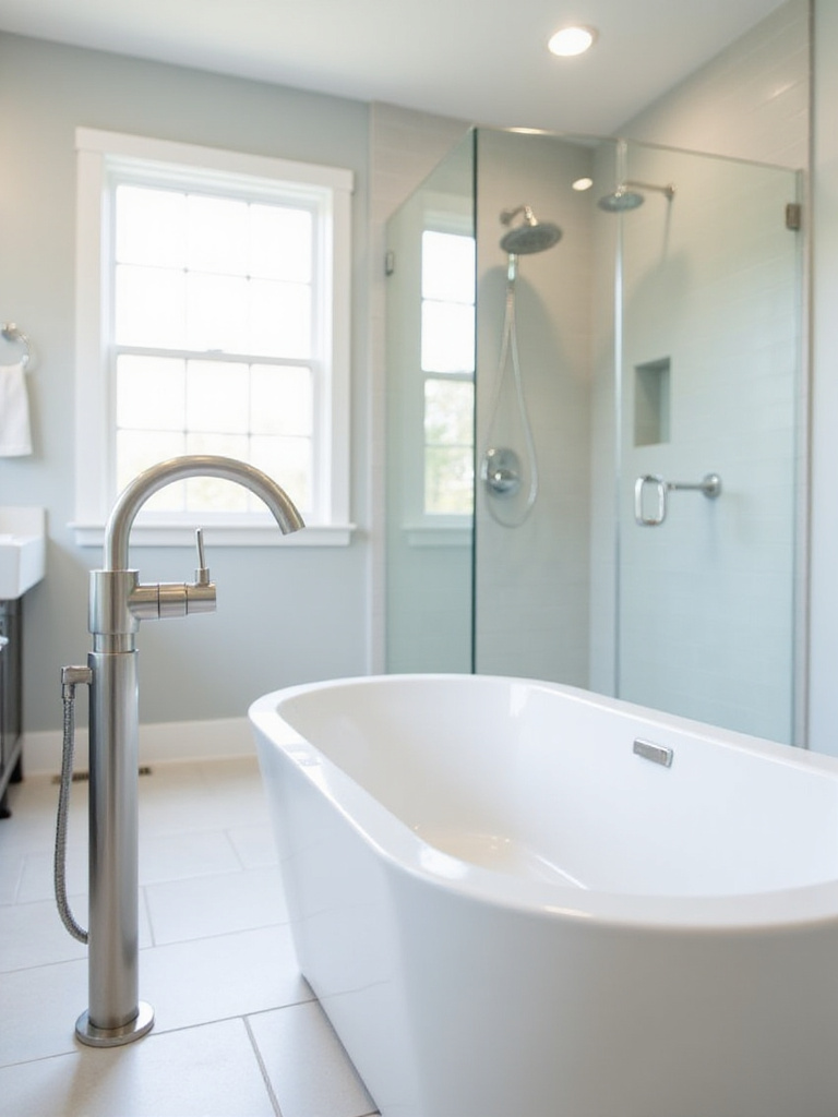 Modern bathroom remodel showcasing high-quality brushed nickel plumbing fixtures including a tub filler and shower system.