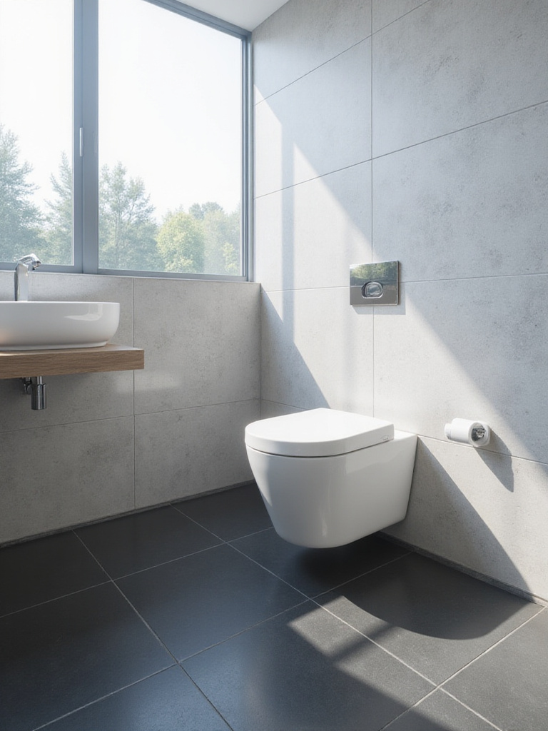 A modern bathroom featuring a sleek, white skirted toilet, minimalist floating vanity, and large format gray tiles, showcasing a clean and efficient design.