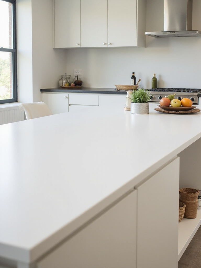 A modern kitchen island with a clear section on the left and a styled section on the right featuring a fruit bowl, plant, and tray.