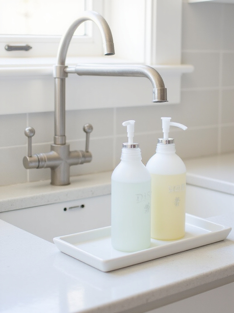 Organized kitchen sink area with dish and hand soap in matching dispensers on a small tray next to the faucet.