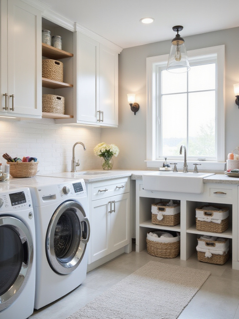 A brightly lit, organized laundry bathroom featuring smart storage solutions like built-in cabinets, open shelving with baskets, and under-sink organizers.