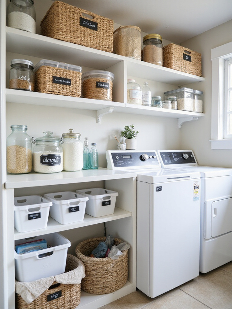 Organized laundry room storage shelves with clearly labeled bins, baskets, and containers for laundry supplies.