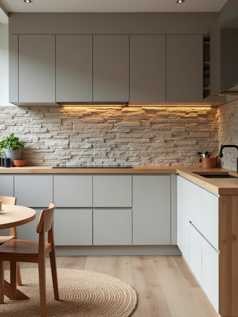 Modern kitchen design showcasing layered textures with stone backsplash, matte cabinets, and butcher block countertop.