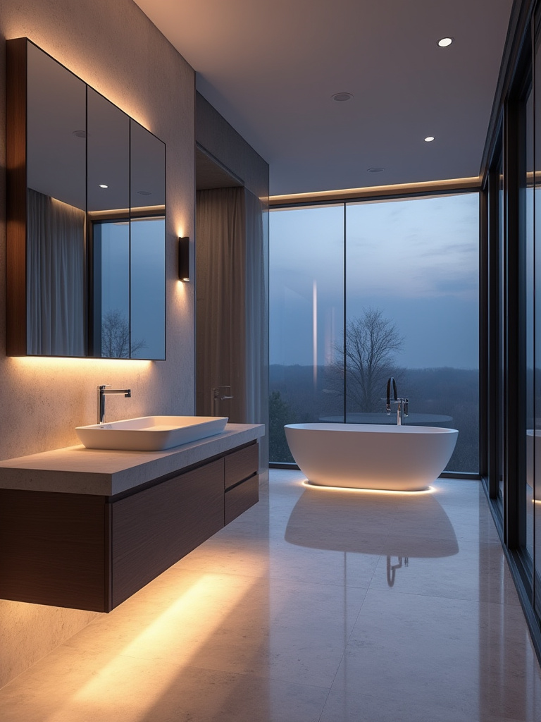 Modern bathroom featuring layered smart lighting: task, ambient, and accent.