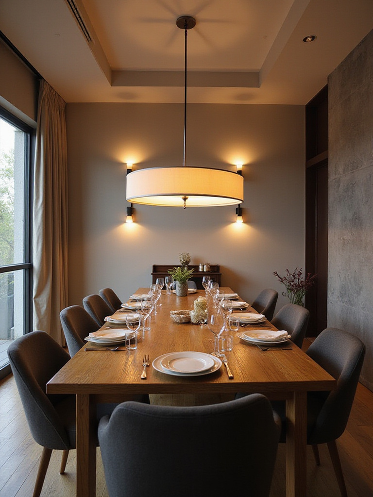 Dining room with layered lighting: chandelier, sconces, and natural light.