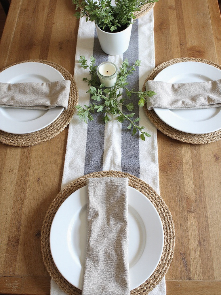 A farmhouse dining table showcasing layered textiles, including a linen tablecloth, cotton runner, and jute placemats for added texture and charm.