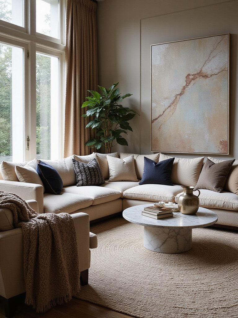 Luxury living room with layered textures: velvet sofa, silk cushions, wool rug, marble table, creating visual depth.